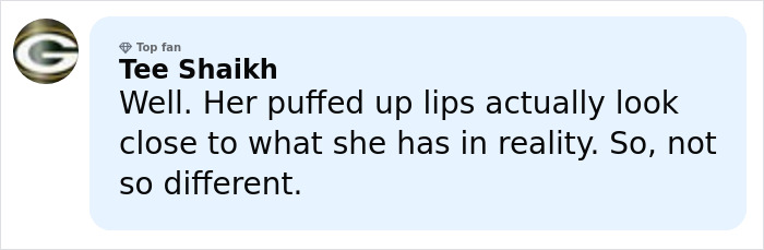 Comment from social media user Tee Shaikh discussing Jessica Simpson's puffed up lips in relation to her botched plastic surgery.