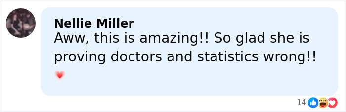 Comment on social media post expressing amazement at woman born without most of her brain turning 20, inspiring family and debate.