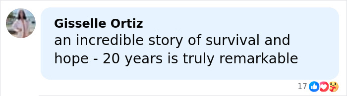 Comment by Gisselle Ortiz sharing an inspiring message about a woman born without most of her brain turning 20 years old.