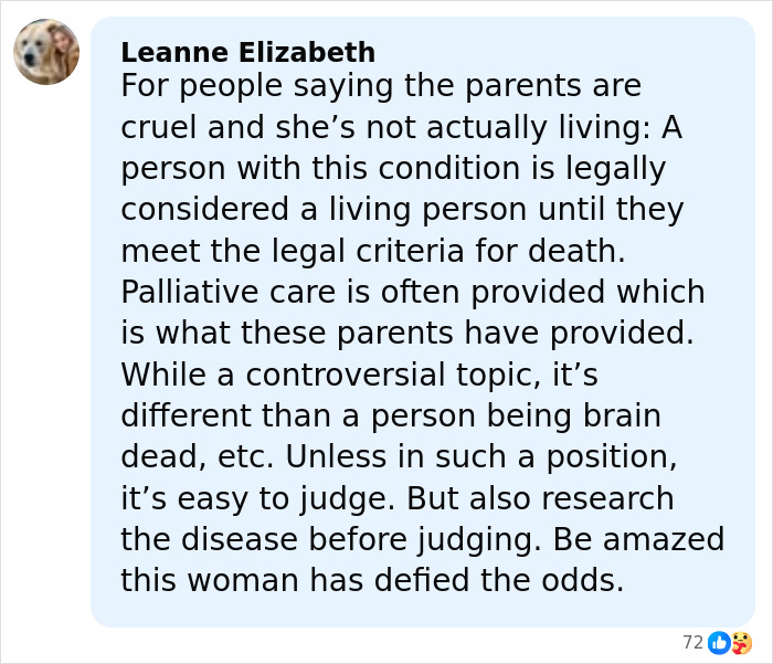 Comment discussing a woman born without most of her brain who has defied the odds and sparked debate.