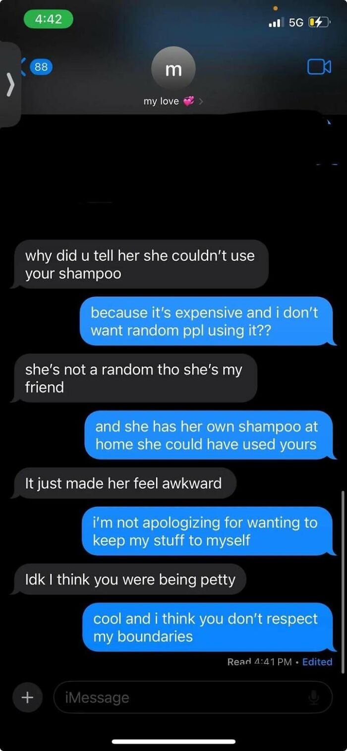 Text message conversation showing a boundary dispute over sharing expensive shampoo, illustrating messy times turning to internet advice.