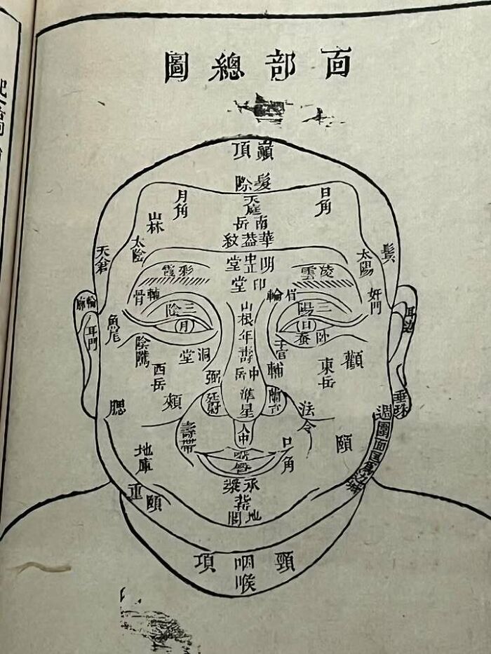 Ancient diagram of a human face with detailed traditional Chinese characters representing old objects and ancestor stories.