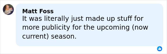 Comment by Matt Foss on social media, discussing publicity and the current season of a show.