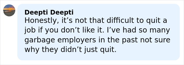 Comment from Deepti Deepti discussing the challenges of quitting toxic tech CEO's company after pushup punishment.