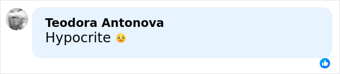 Comment from Teodora Antonova calling someone a hypocrite with a winking emoji on a social media platform.