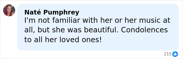 Comment by Naté Pumphrey expressing condolences for singer Delarosa after her assassination in LA ambush. Comment by Naté Pumphrey expressing condolences for singer Delarosa after her assassination in LA ambush.