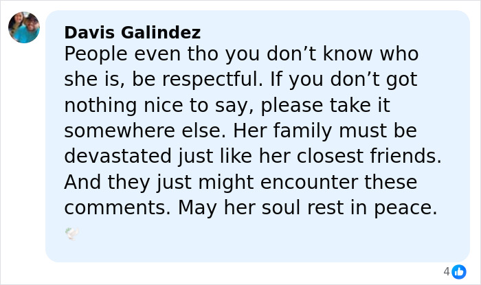 Comment expressing respect and condolences for singer Delarosa after her assassination in a gruesome LA ambush. Comment expressing respect and condolences for singer Delarosa after her assassination in a gruesome LA ambush.