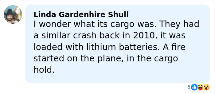 Comment discussing a UPS plane crash cargo fire, referencing a similar incident involving lithium batteries in 2010.