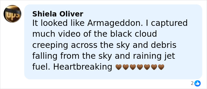 Comment describing UPS plane crash footage with black cloud, debris, and jet fuel raining from sky after crash.