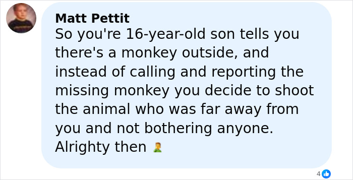 Comment criticizing woman who shot escaped research monkey to protect her children in heated online debate.