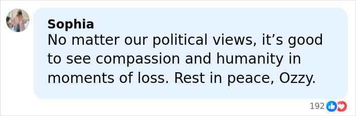 Facebook comment from Sophia expressing compassion and humanity after loss, mentioning Ozzy and moments of grief.