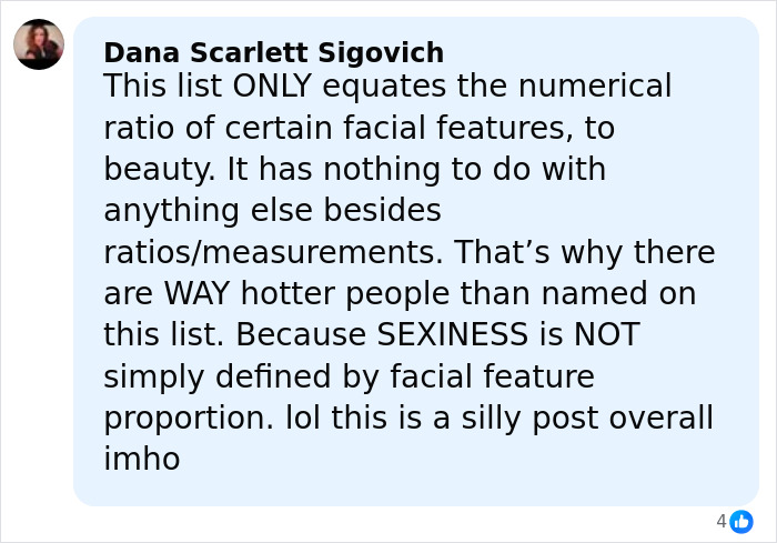 Woman commenting on facial feature ratios and beauty, discussing the concept of the golden ratio in celebrity attractiveness.