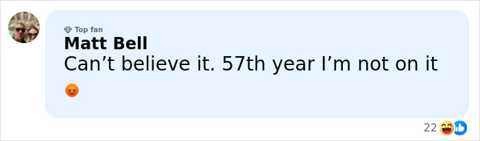 User comment by Matt Bell expressing disbelief about not being included in the top 10 most beautiful celebrities according to the golden ratio.