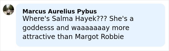 User comment on top 10 most beautiful celebrities in the world according to the golden ratio, mentioning Salma Hayek and Margot Robbie.