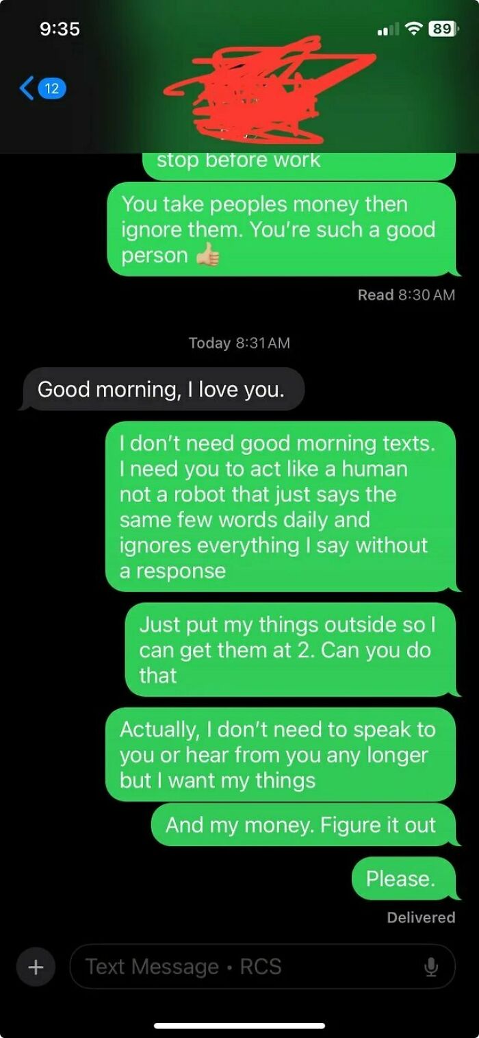 Text message conversation showing frustration and emotional conflict in a messy relationship, illustrating internet venting instead of therapy.