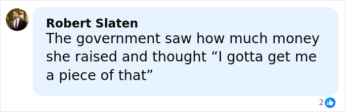 Comment by Robert Slaten discussing government reaction to fundraising in online social media post.