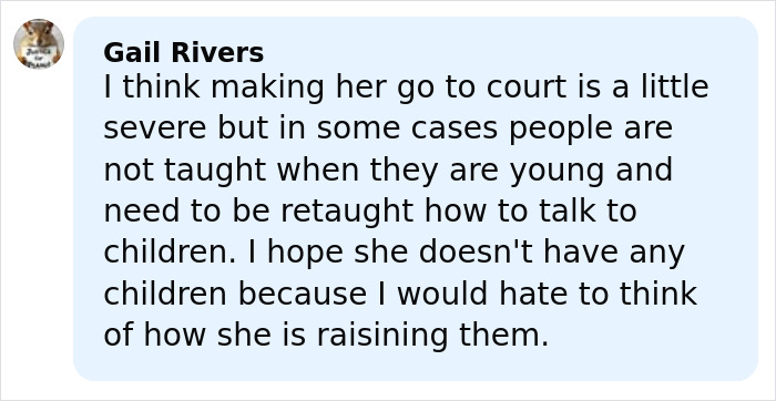Comment from Gail Rivers on viral mom facing trial for calling autistic boy a racial slur in playground clash.