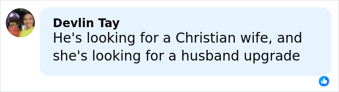 Comment by Devlin Tay about relationship expectations, mentioning Christian wife and husband upgrade.