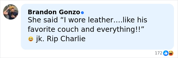Comment from Brandon Gonzo joking about wearing leather like a favorite couch, with laughing reactions shown beneath.
