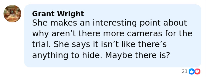 Comment by Grant Wright discussing cameras at the trial while referencing Erika Kirk&rsquo;s viral inappropriate hug with JD Vance.