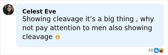 Comment by Celest Eve discussing attention to men and women showing cleavage with an amused emoji reaction.