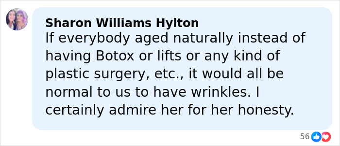 Comment praising Linda Hamilton for aging naturally without plastic surgery, admiring her honesty on aging in Hollywood. Comment praising Linda Hamilton for aging naturally without plastic surgery, admiring her honesty on aging in Hollywood.