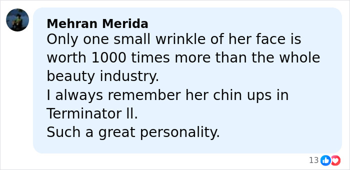 Comment praising Linda Hamilton's natural aging and personality, referencing Terminator II and Hollywood. Comment praising Linda Hamilton's natural aging and personality, referencing Terminator II and Hollywood.