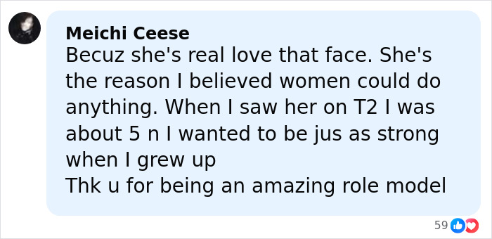 Comment praising Linda Hamilton as a strong female role model, reflecting on her impact and aging in Hollywood. Comment praising Linda Hamilton as a strong female role model, reflecting on her impact and aging in Hollywood.