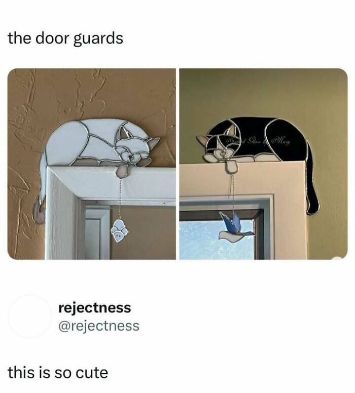 Two cat-shaped door guard decorations in white and black, perfect for enjoying cat memes and cute pics.