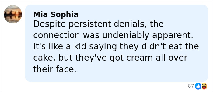 Comment from user Mia Sophia discussing undeniable connection despite denials in a provocative influencer hotel bathtub case. Comment from user Mia Sophia discussing undeniable connection despite denials in a provocative influencer hotel bathtub case.