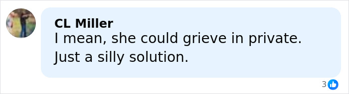 Screenshot of a Facebook comment by CL Miller expressing an opinion about grieving in private related to Erika Kirk's situation.