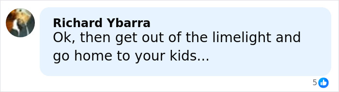 Comment by Richard Ybarra criticizing someone for seeking limelight instead of going home to their kids, related to Erika Kirk and JD Vance.