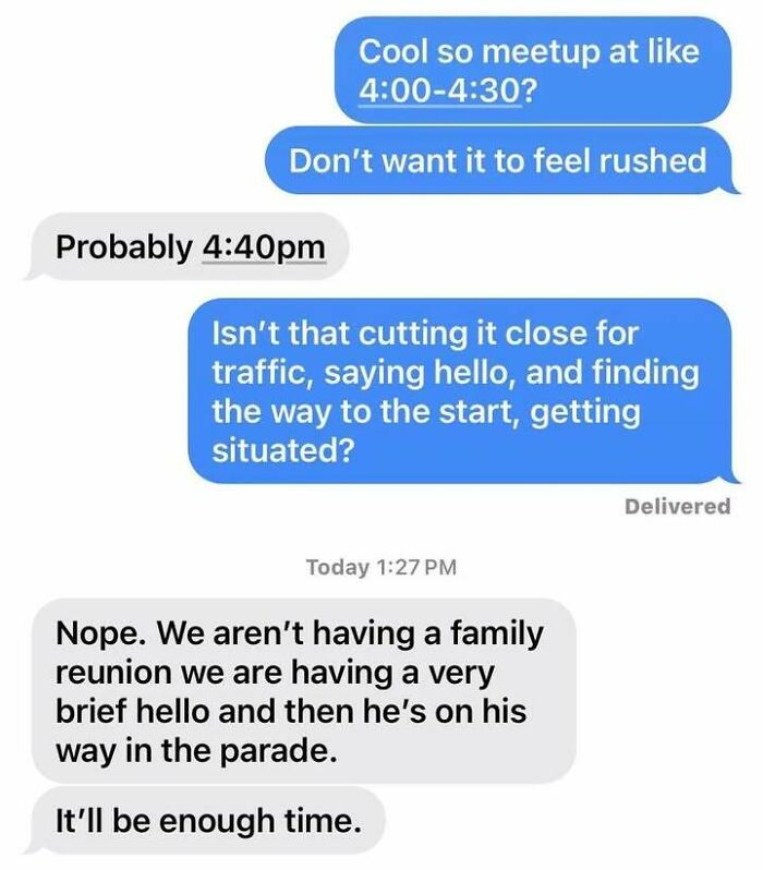 Text message conversation about scheduling a meetup, highlighting moments of overreacting in everyday situations.