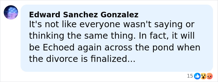 Facebook comment by Edward Sanchez Gonzalez discussing opinions on Prince Harry and Meghan Markle divorce before finalization.
