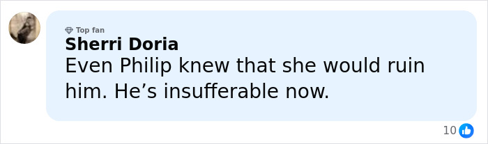Comment from Sherri Doria expressing that Prince Philip anticipated Meghan Markle would negatively impact Prince Harry before their wedding.