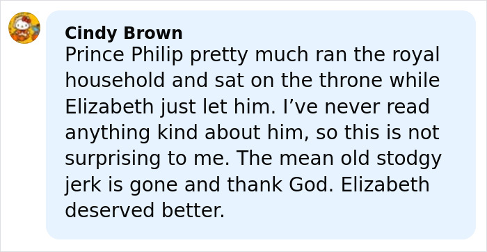 Comment by Cindy Brown about Prince Philip warning Prince Harry before Meghan Markle wedding, describing royal household dynamics.