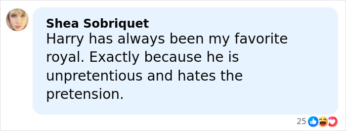 Comment from Shea Sobriquet about Prince Harry being unpretentious and her favorite royal in a light blue chat bubble.