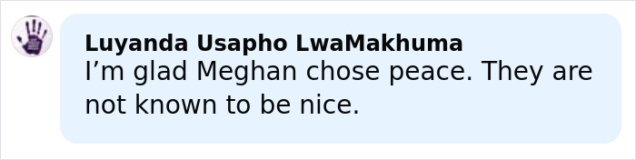 Comment by Luyanda Usapho LwaMakhuma expressing relief Meghan chose peace before Prince Harry wedding, relating to Prince Philip warning claimed by biographer.
