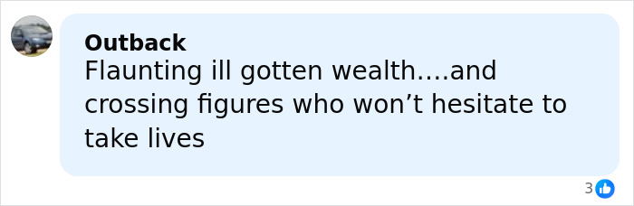 Comment on social media about a crypto scammer flaunting wealth and risking lives in a criminal scheme.