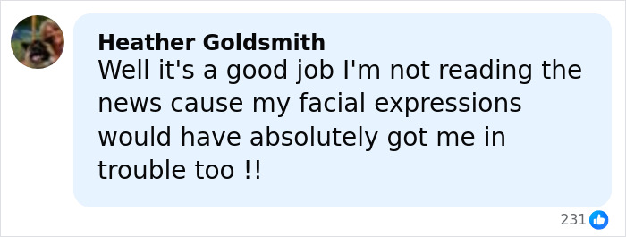 Comment from Heather Goldsmith discussing facial expressions related to BBC anchor disciplined for showing disgust on-air.