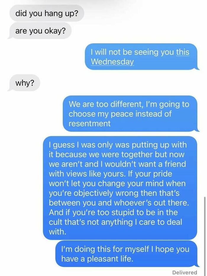 Text message conversation about choosing peace over resentment, highlighting messy times shared online instead of therapy.