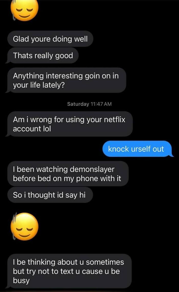 Text conversation showing someone reaching out with casual messages, reflecting messy times and turning to the internet instead of therapy.