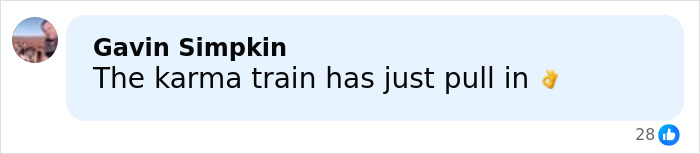 Facebook comment by Gavin Simpkin stating karma train has just pulled in with an OK hand emoji.