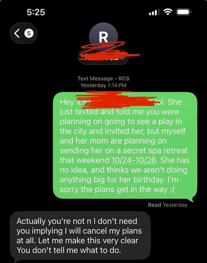 Text message conversation showing a messy interaction with people overreacting instead of seeking therapy online.