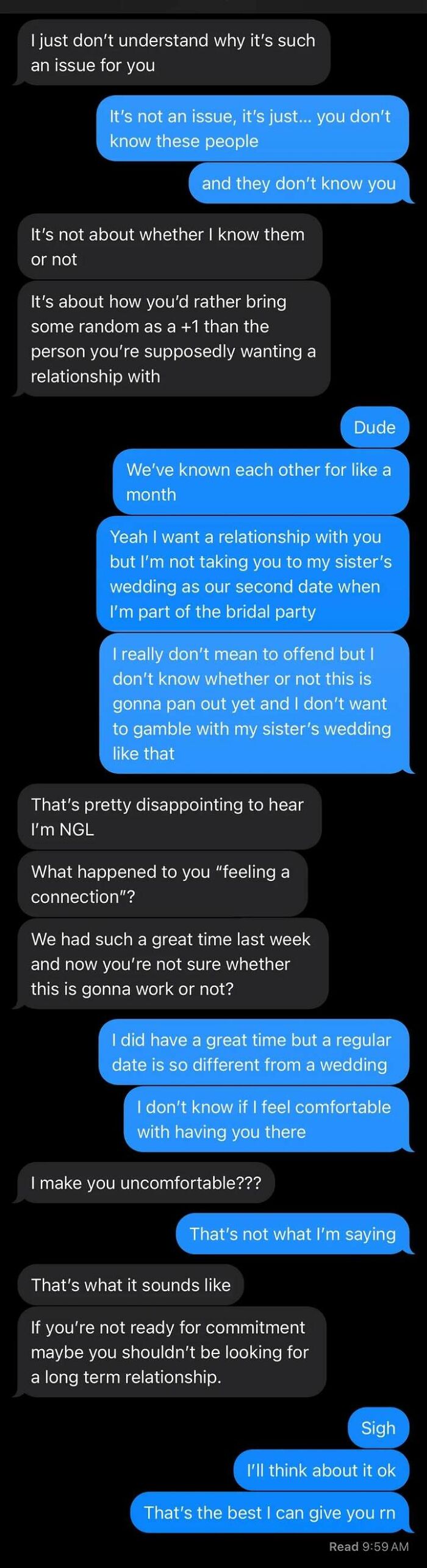 Text message conversation showing relationship tension as one person questions commitment and the other sets boundaries, reflecting messy times.