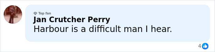 Comment by Jan Crutcher Perry stating Harbour is a difficult man, related to Millie Bobby Brown and David Harbour’s complex relationship. Comment by Jan Crutcher Perry stating Harbour is a difficult man, related to Millie Bobby Brown and David Harbour’s complex relationship.