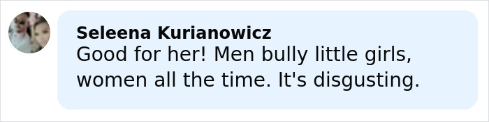 Commenter Seleena Kurianowicz expressing support against bullying and harassment of girls and women in online discussion. Commenter Seleena Kurianowicz expressing support against bullying and harassment of girls and women in online discussion.