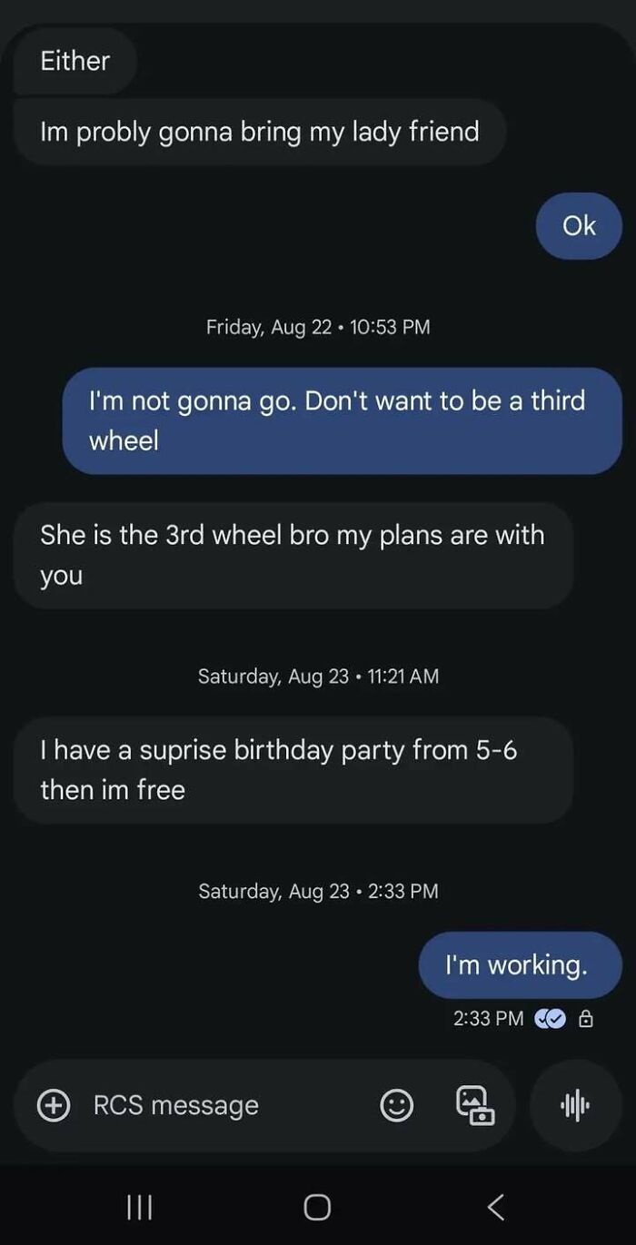 Text message exchange showing people discussing plans and feeling like a third wheel, capturing messy times and overreacting moments.