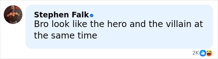 Text comment by Stephen Falk saying bro look like the hero and the villain at the same time, highlighting viral man&rsquo;s hot mugshot.
