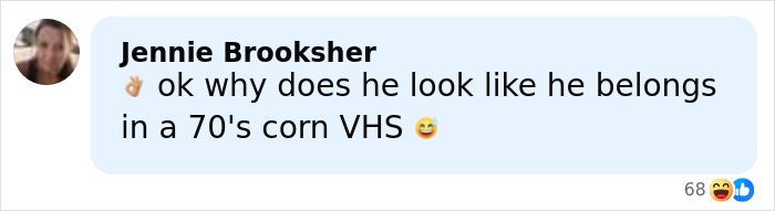 Screenshot of a social media comment joking about a man&rsquo;s mugshot, referencing a 70&rsquo;s VHS style look and viral sensation.